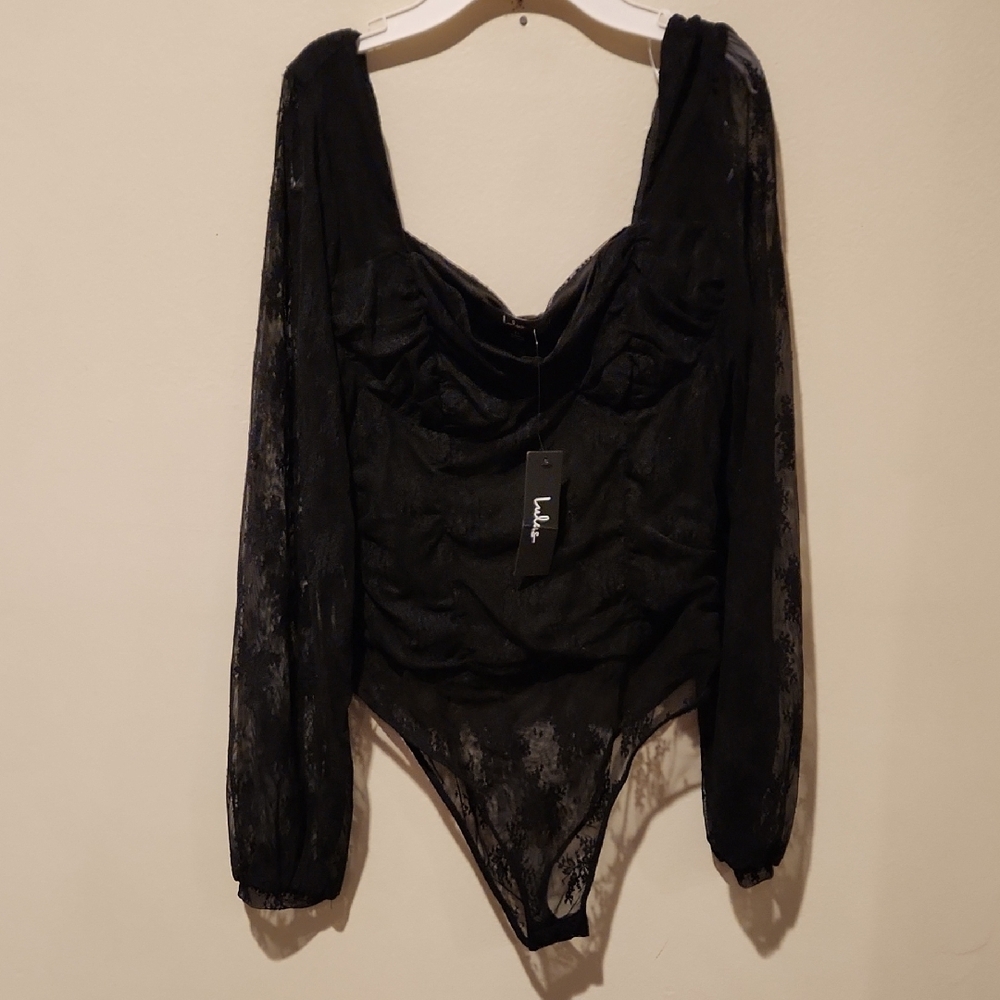 ❤️ NWT! LULU'S LACE RUCHED SENSATIONAL SWEETHEART BLACK BODYSUIT, XL